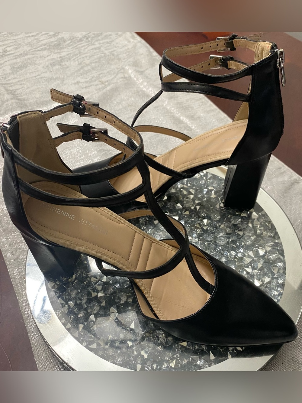 Adrienne Vittadini Black Strappy Block Heel Sandals